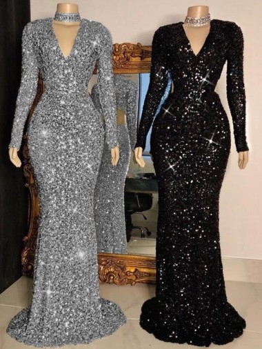 Fournisseurs de Noir Fourreau Col V Balayage train Paillettes Velours Longue Robes de bal