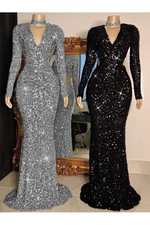 Fournisseurs de Noir Fourreau Col V Balayage train Paillettes Velours Longue Robes de bal