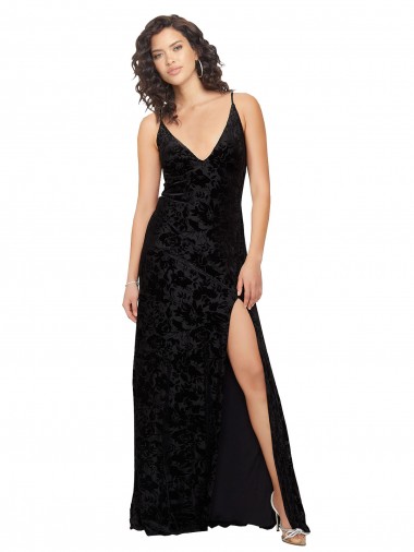 Fournisseurs de Noir Fourreau Col V Velours Floral Velours Stretch Longue Robes demoiselle d'honneur