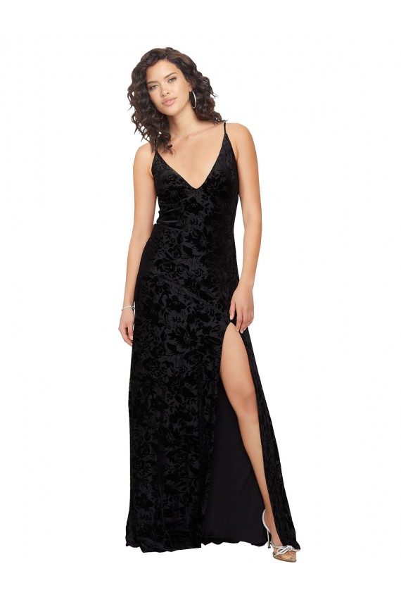 Fournisseurs de Noir Fourreau Col V Velours Floral Velours Stretch Longue Robes demoiselle d'honneur