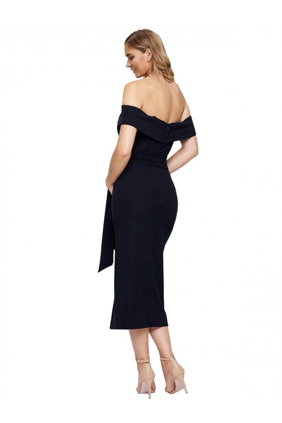 Fournisseurs de Noir Fourreau Épaule Dénudée Col Carré midi Crêpe Stretch Courte Robes demoiselle d'honneur / Robes de soirée / Robes de cocktail