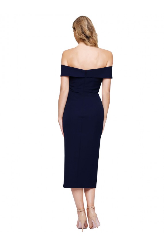 Fournisseurs de Bleu marine foncé Sirène Épaule Dénudée midi Crêpe Stretch Courte Robes demoiselle d'honneur / Robes de soirée / Robes de cocktail