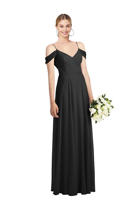 Fournisseurs de Noir Trapèze Bretelles spaghetti Mousseline Longue Robes demoiselle d'honneur