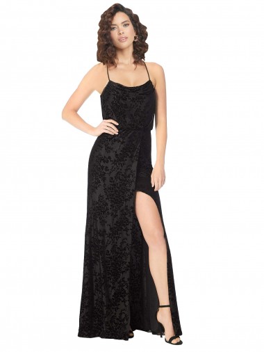 Fournisseurs de Noir Trapèze Bretelles spaghetti Velours Floral Velours Stretch Longue Robes demoiselle d'honneur