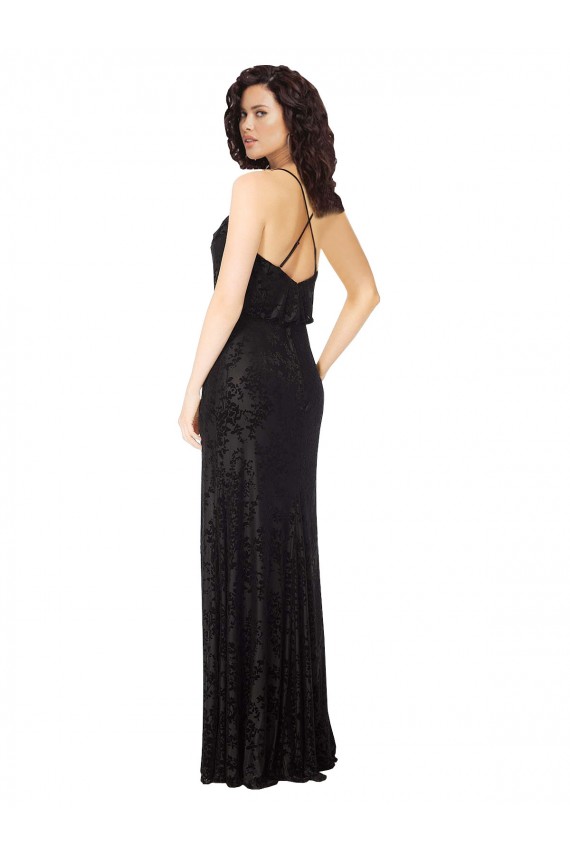 Fournisseurs de Noir Trapèze Bretelles spaghetti Velours Floral Velours Stretch Longue Robes demoiselle d'honneur