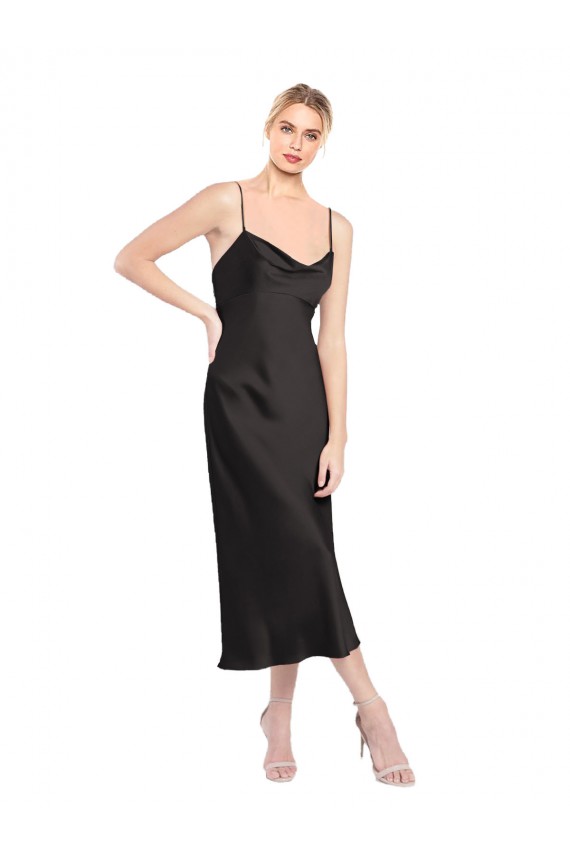 Fournisseurs de Noir Trapèze Bretelles spaghetti midi Satiné Stretch Courte Robes demoiselle d'honneur / Robes de soirée / Robes de cocktail