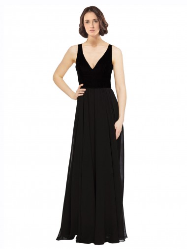 Fournisseurs de Noir Trapèze Col V Mousseline Velours Longue Robes demoiselle d'honneur / Robes de bal