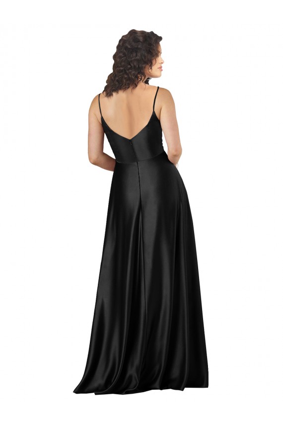 Fournisseurs de Noir Trapèze Col V Satiné Soyeux Longue Formelles Robes demoiselle d'honneur / Robes de soirée / Robes de bal