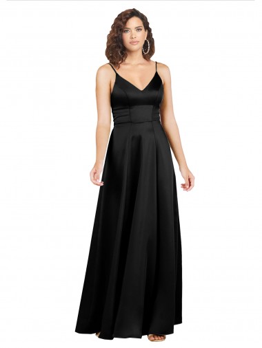 Fournisseurs de Noir Trapèze Col V Satiné Soyeux Longue Formelles Robes demoiselle d'honneur / Robes de soirée / Robes de bal