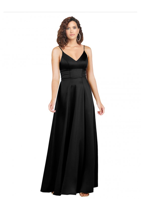 Fournisseurs de Noir Trapèze Col V Satiné Soyeux Longue Formelles Robes demoiselle d'honneur / Robes de soirée / Robes de bal