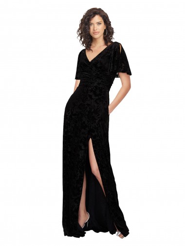 Fournisseurs de Noir Trapèze Col V Velours Floral Velours Stretch Longue Robes demoiselle d'honneur