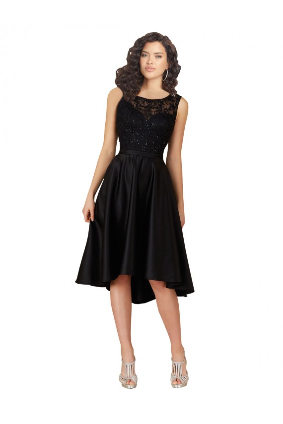 Fournisseurs de Noir Trapèze Illusion midi Satiné Dentelle Courte Asymétrique Robes demoiselle d'honneur / Robes de cocktail