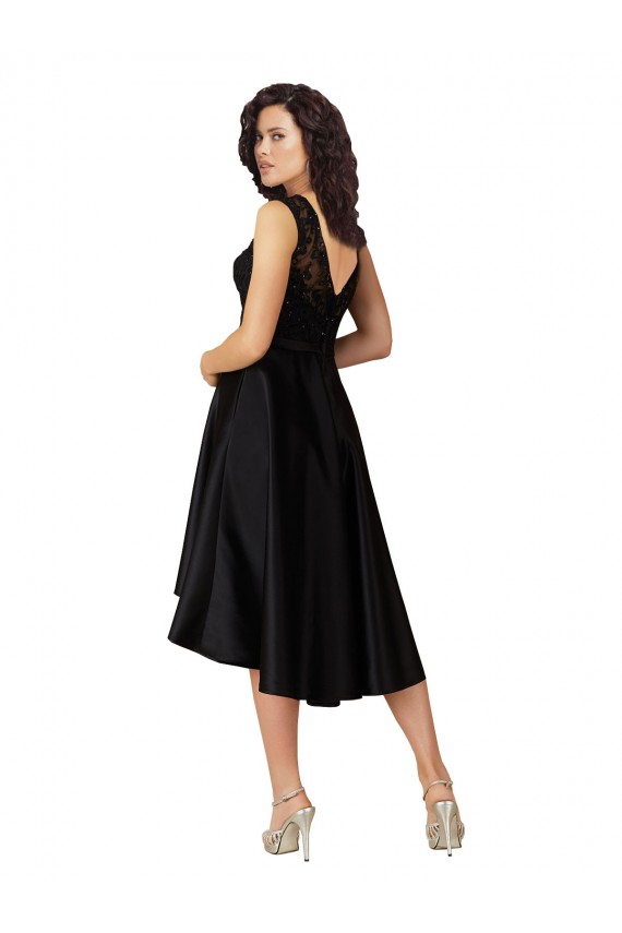 Fournisseurs de Noir Trapèze Illusion midi Satiné Dentelle Courte Asymétrique Robes demoiselle d'honneur / Robes de cocktail