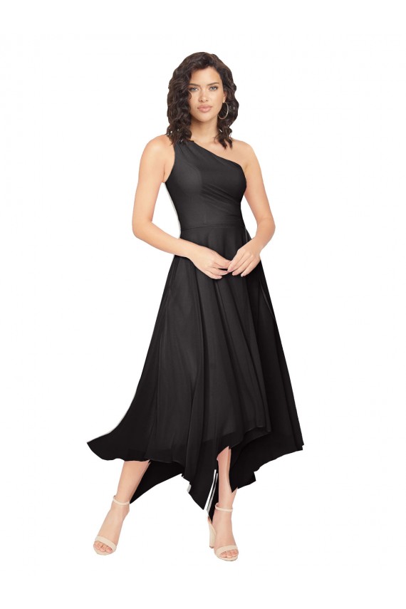 Fournisseurs de Noir Trapèze Sans bretelle midi Mousseline Courte Asymétrique Robes demoiselle d'honneur / Robes de cocktail
