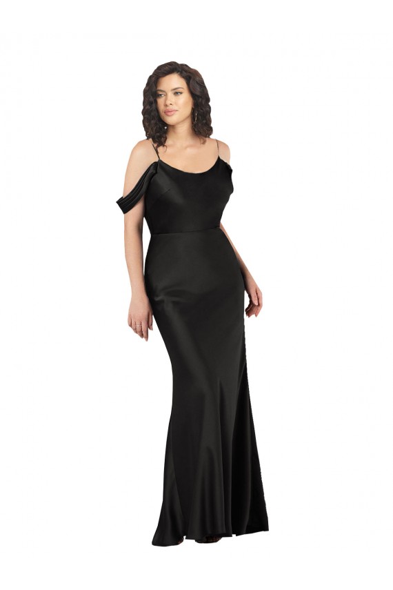 Fournisseurs de Noir Trapèze Épaule Dénudée Satiné Soyeux Longue Formelles Robes demoiselle d'honneur / Robes de soirée / Robes de bal