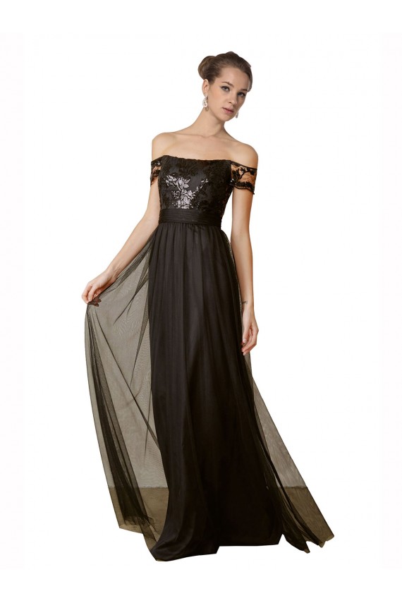 Fournisseurs de Noir Trapèze Épaule Dénudée Tulle Paillette Longue Robes demoiselle d'honneur