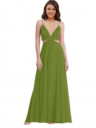 Fournisseurs de Olive verte Trapèze Col V Mousseline Longue Robes demoiselle d'honneur