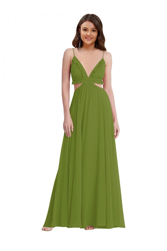 Fournisseurs de Olive verte Trapèze Col V Mousseline Longue Robes demoiselle d'honneur