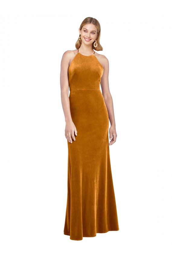 Fournisseurs de Or Trapèze Licou Col Haut Velours Stretch Longue Formelles Robes demoiselle d'honneur / Robes de soirée / Robes de bal