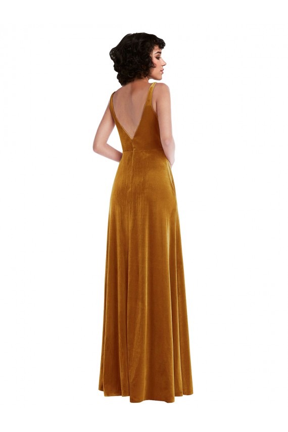 Fournisseurs de Or Trompette Col V Velours Stretch Longue Robes demoiselle d'honneur / Robes de bal