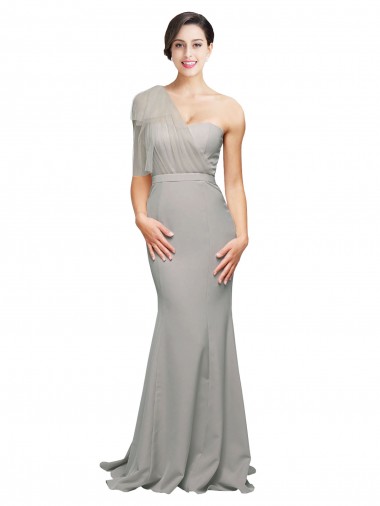 Fournisseurs de Oyster Argent Sirène Balayage train Crêpe Stretch Tulle Longue Formelles Robes demoiselle d'honneur / Robes de soirée / Robes de bal