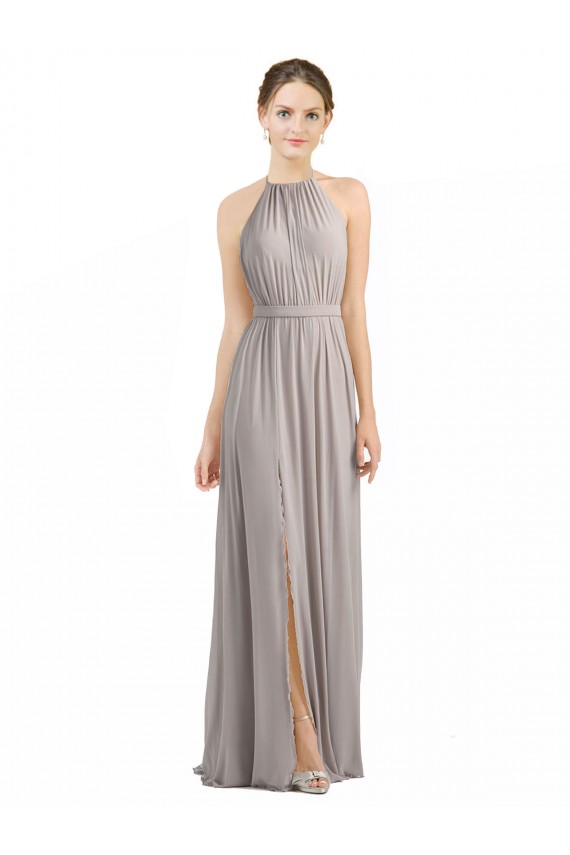 Fournisseurs de Oyster Argent Trapèze Licou Mousseline Longue Robes demoiselle d'honneur