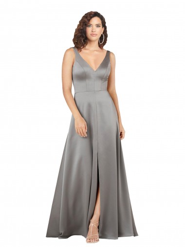 Fournisseurs de Pearl Grey Trapèze Col V Satiné Soyeux Longue Formelles Robes demoiselle d'honneur / Robes de soirée / Robes de bal