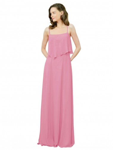 Fournisseurs de Peau Rose Trapèze Bretelles spaghetti Mousseline Longue Robes demoiselle d'honneur