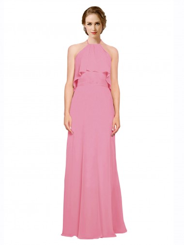 Fournisseurs de Peau Rose Trapèze Licou Col Haut Mousseline Longue Robes demoiselle d'honneur