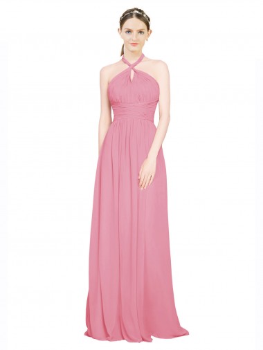 Fournisseurs de Peau Rose Trapèze Licou Col V Mousseline Longue Robes demoiselle d'honneur