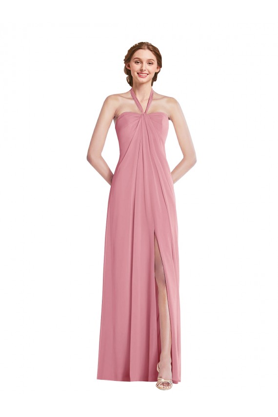 Fournisseurs de Peau Rose Trapèze Licou Mousseline Longue Robes demoiselle d'honneur