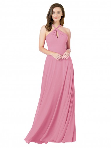 Fournisseurs de Peau Rose Trapèze Licou Mousseline Longue Robes demoiselle d'honneur / Robes de bal