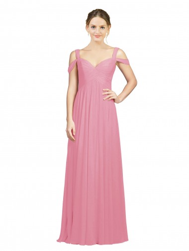 Fournisseurs de Peau Rose Trapèze Épaule Dénudée Mousseline Longue Robes demoiselle d'honneur