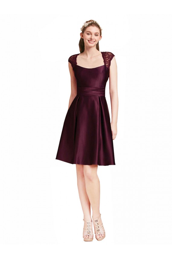Fournisseurs de Pourpre Trapèze Col Carré Satiné Dentelle Courte Robes demoiselle d'honneur / Robes de cocktail