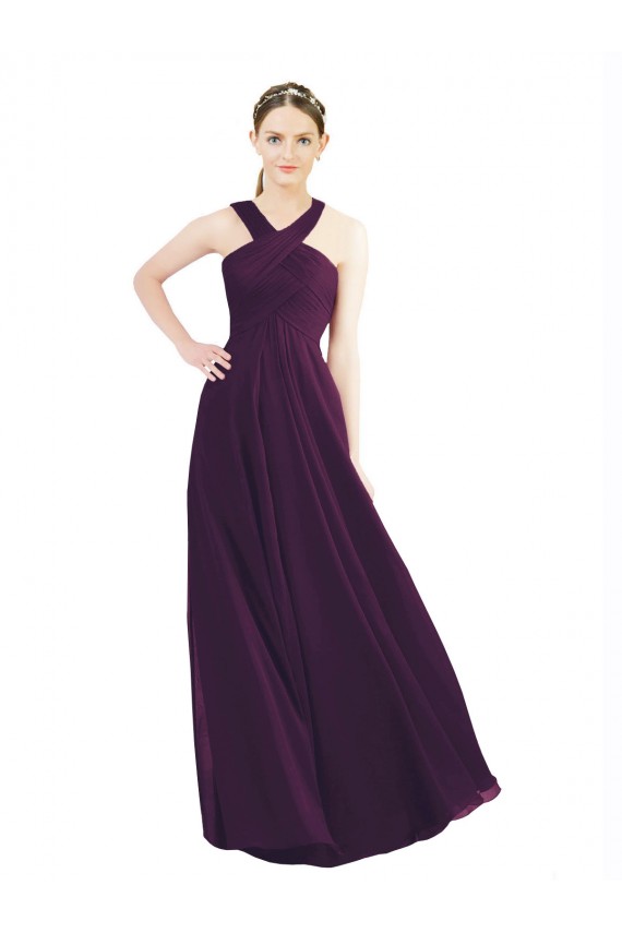 Fournisseurs de Pourpre Trapèze Licou Mousseline Longue Robes demoiselle d'honneur