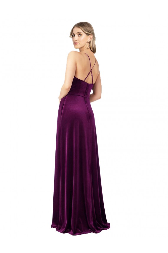 Fournisseurs de Pourpre Trapèze Scoop Col V Velours Stretch Longue Formelles Robes demoiselle d'honneur / Robes de soirée / Robes de bal
