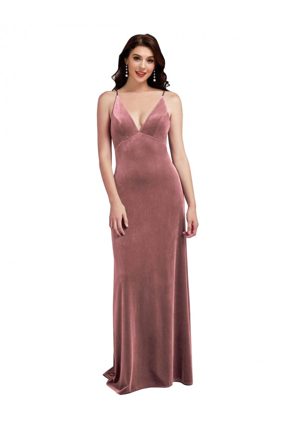 Fournisseurs de Rose Cannelle Trapèze Col V Velours Stretch Longue Formelles Robes demoiselle d'honneur / Robes de soirée / Robes de bal