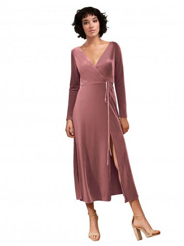 Fournisseurs de Rose Cannelle Trapèze Col V midi Velours Stretch Courte Robes demoiselle d'honneur / Robes de bal