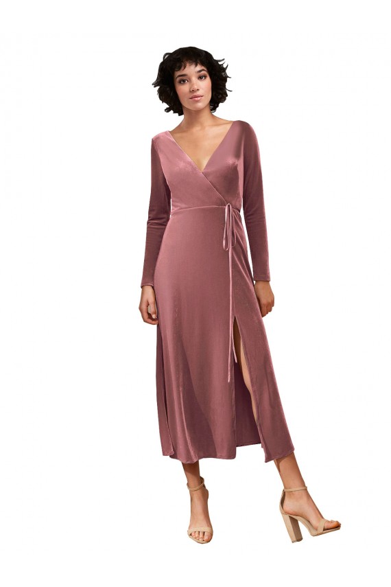 Fournisseurs de Rose Cannelle Trapèze Col V midi Velours Stretch Courte Robes demoiselle d'honneur / Robes de bal