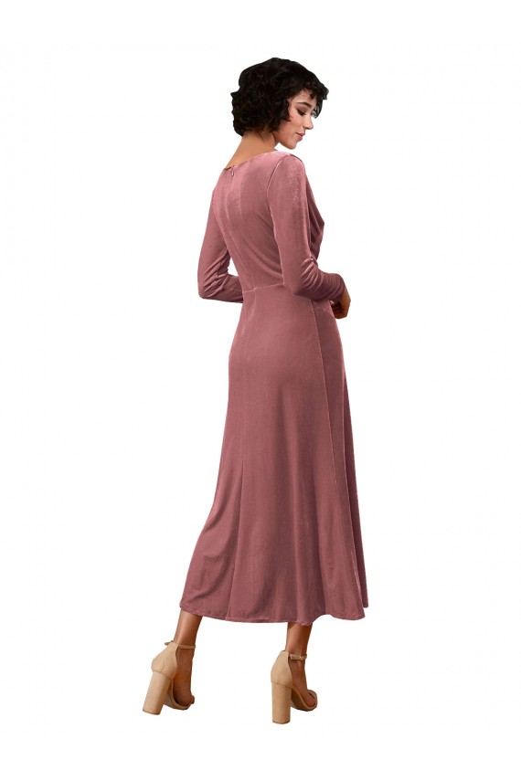 Fournisseurs de Rose Cannelle Trapèze Col V midi Velours Stretch Courte Robes demoiselle d'honneur / Robes de bal