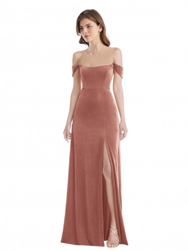 Fournisseurs de Rose Cannelle Trapèze Épaule Dénudée Velours Stretch Longue Robes demoiselle d'honneur / Robes de bal