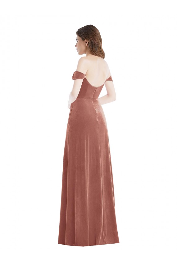 Fournisseurs de Rose Cannelle Trapèze Épaule Dénudée Velours Stretch Longue Robes demoiselle d'honneur / Robes de bal