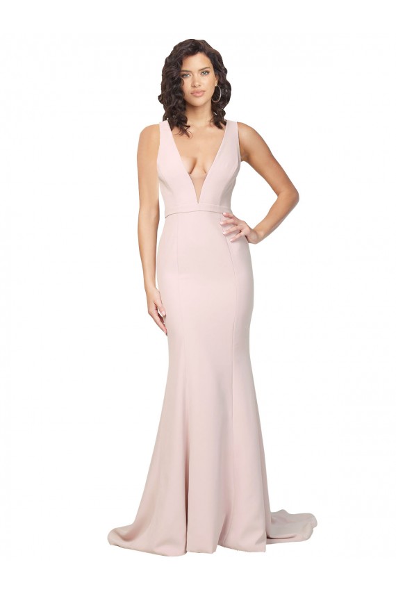 Fournisseurs de Rose Fourreau Col V Balayage train Crêpe Stretch Longue Formelles Robes demoiselle d'honneur / Robes de soirée / Robes de bal