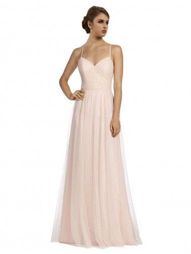 Fournisseurs de Rose Trapèze Bretelles spaghetti Tulle Longue Robes demoiselle d'honneur