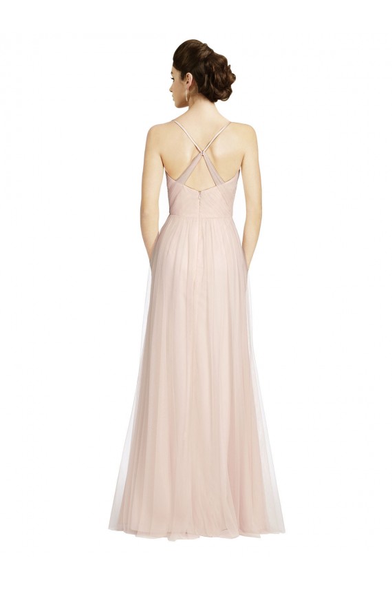 Fournisseurs de Rose Trapèze Bretelles spaghetti Tulle Longue Robes demoiselle d'honneur