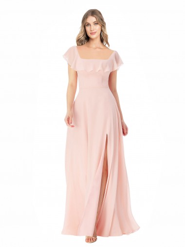 Fournisseurs de Rose Trapèze Col Carré Mousseline Longue Robes demoiselle d'honneur