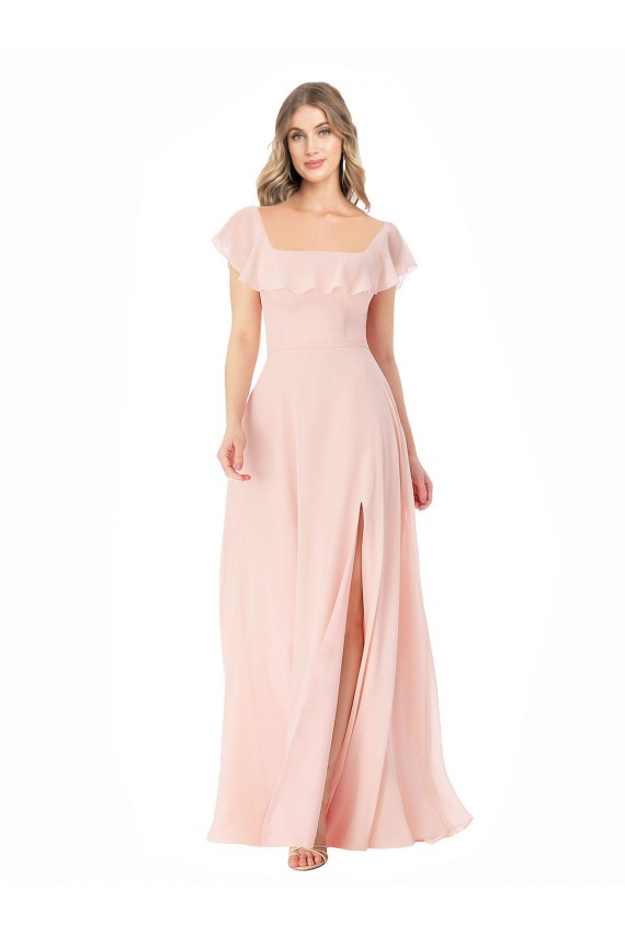 Fournisseurs de Rose Trapèze Col Carré Mousseline Longue Robes demoiselle d'honneur
