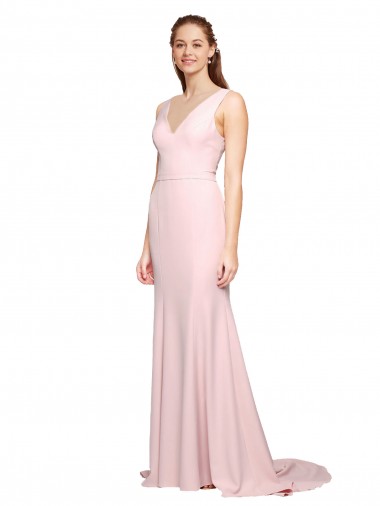 Fournisseurs de Rose Trapèze Col V Balayage train Crêpe Stretch Longue Robes demoiselle d'honneur / Robes de bal