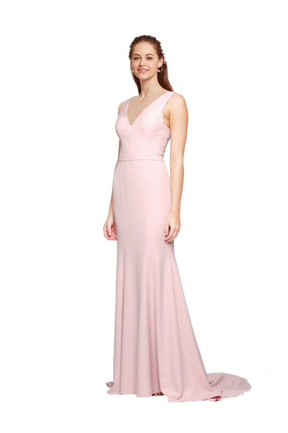Fournisseurs de Rose Trapèze Col V Balayage train Crêpe Stretch Longue Robes demoiselle d'honneur / Robes de bal