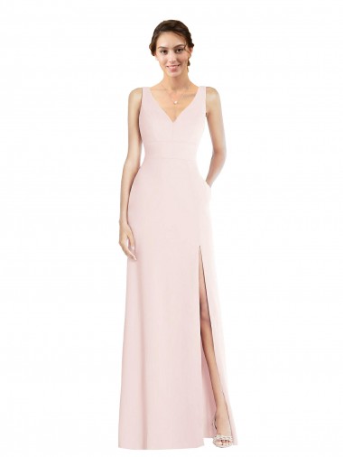 Fournisseurs de Rose Trapèze Col V Crêpe Stretch Longue Robes demoiselle d'honneur / Robes de bal